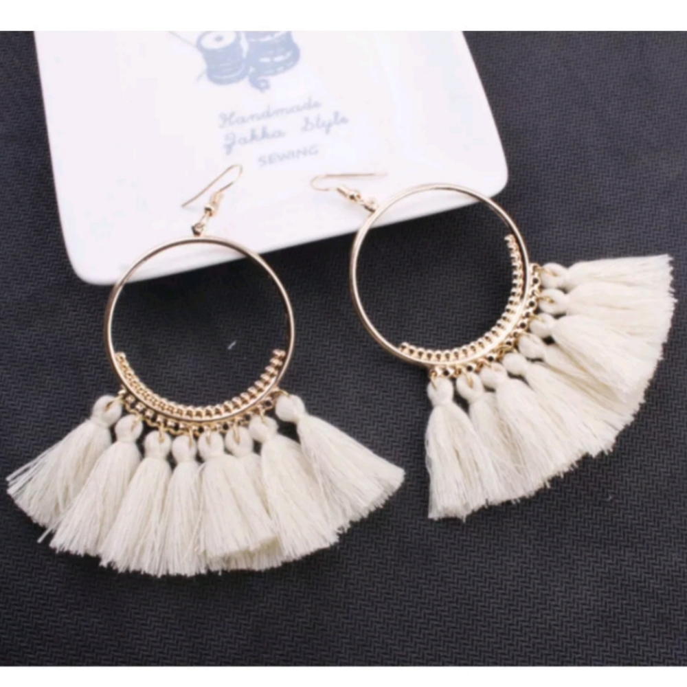 Earrings BOHO Gold Tone with White Tassels